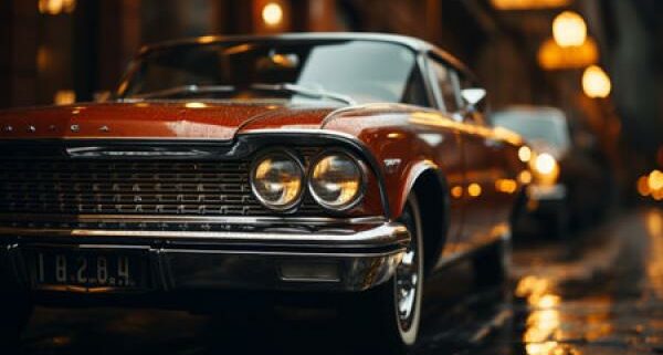 A fancy vintage car sits on a road during a sunset